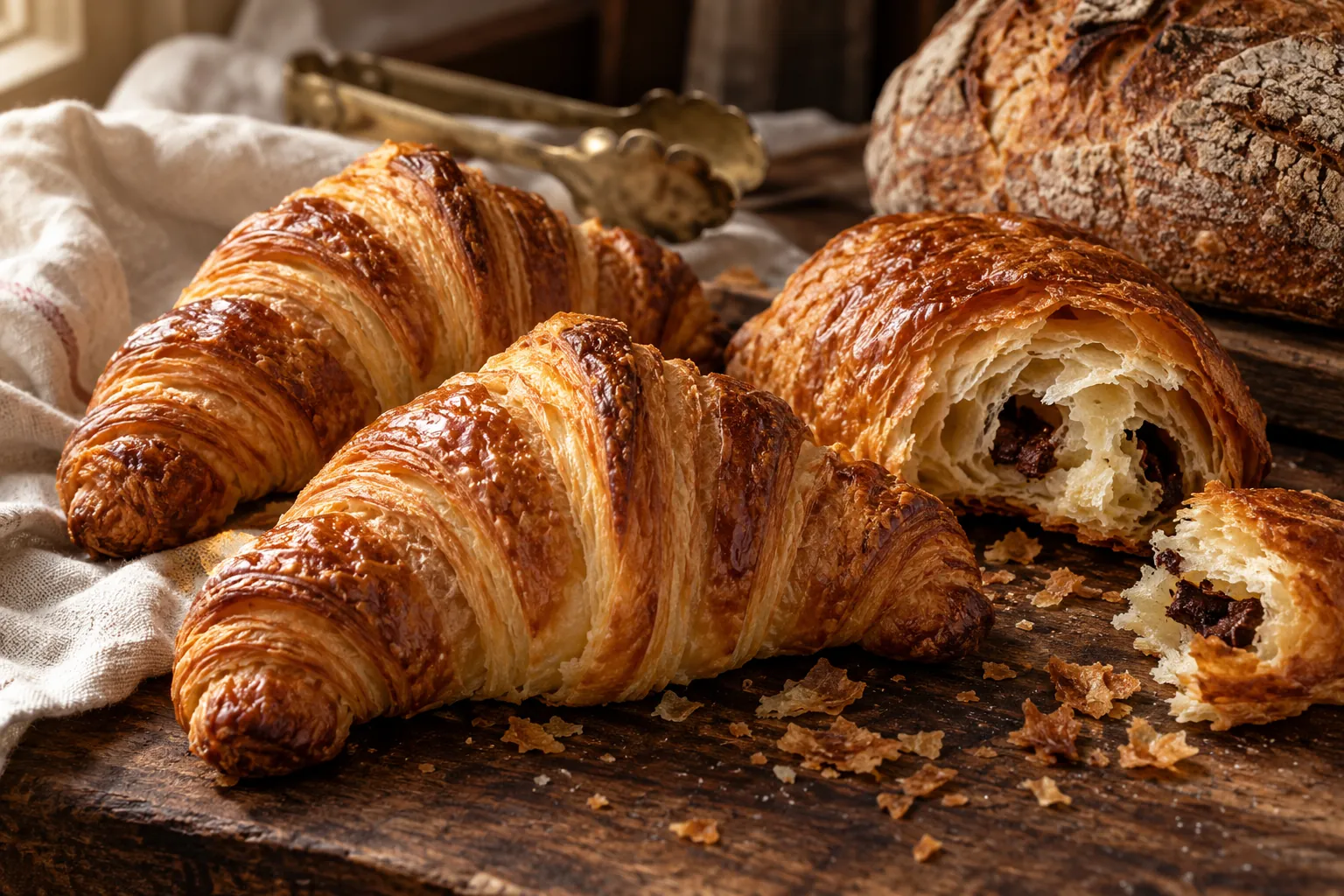 Illustration créée par IA : viennoiseries et pain sur un comptoir de bois