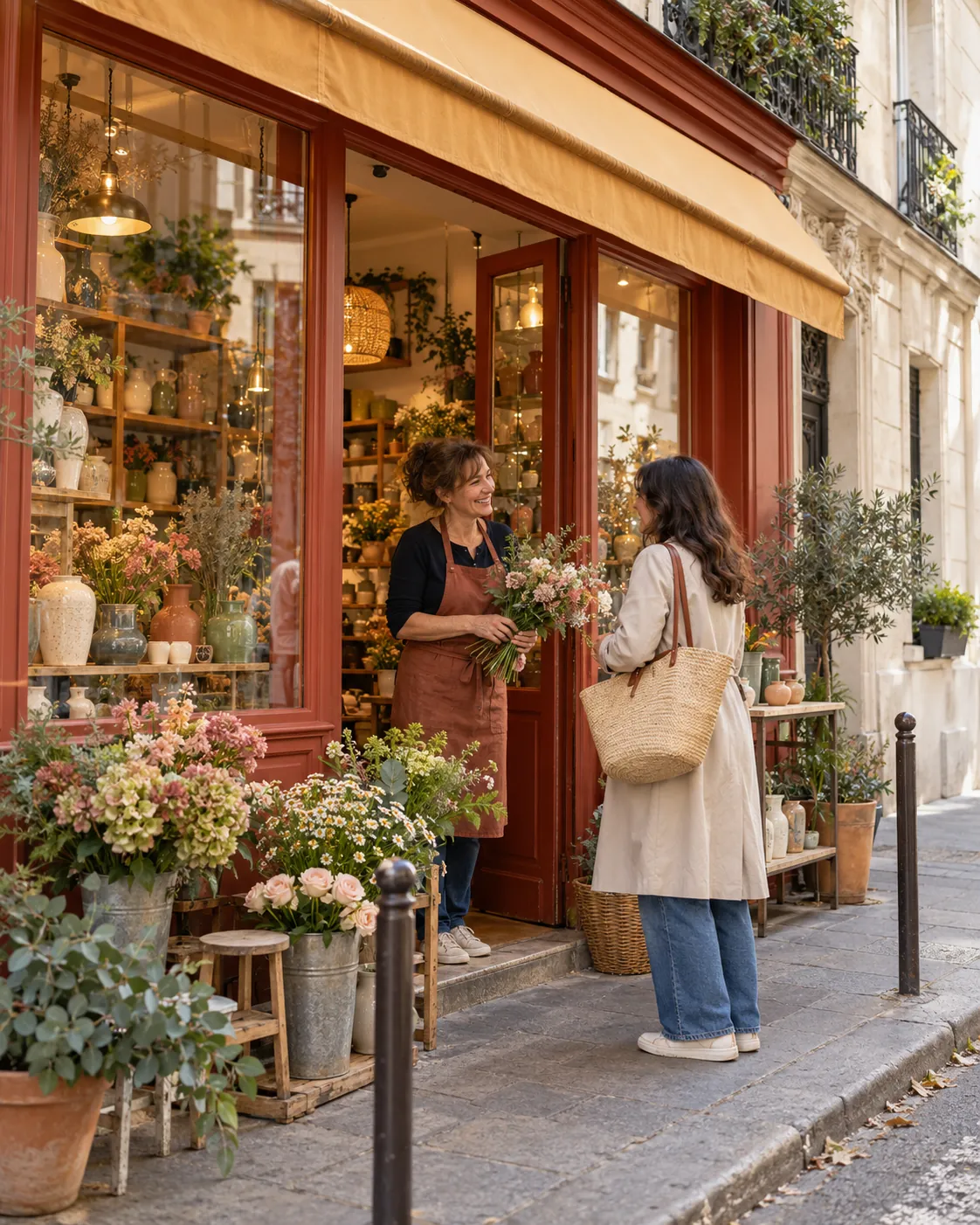 Scène fictive créée par IA : une commerçante accueille une cliente devant une boutique de fleurs et de décoration